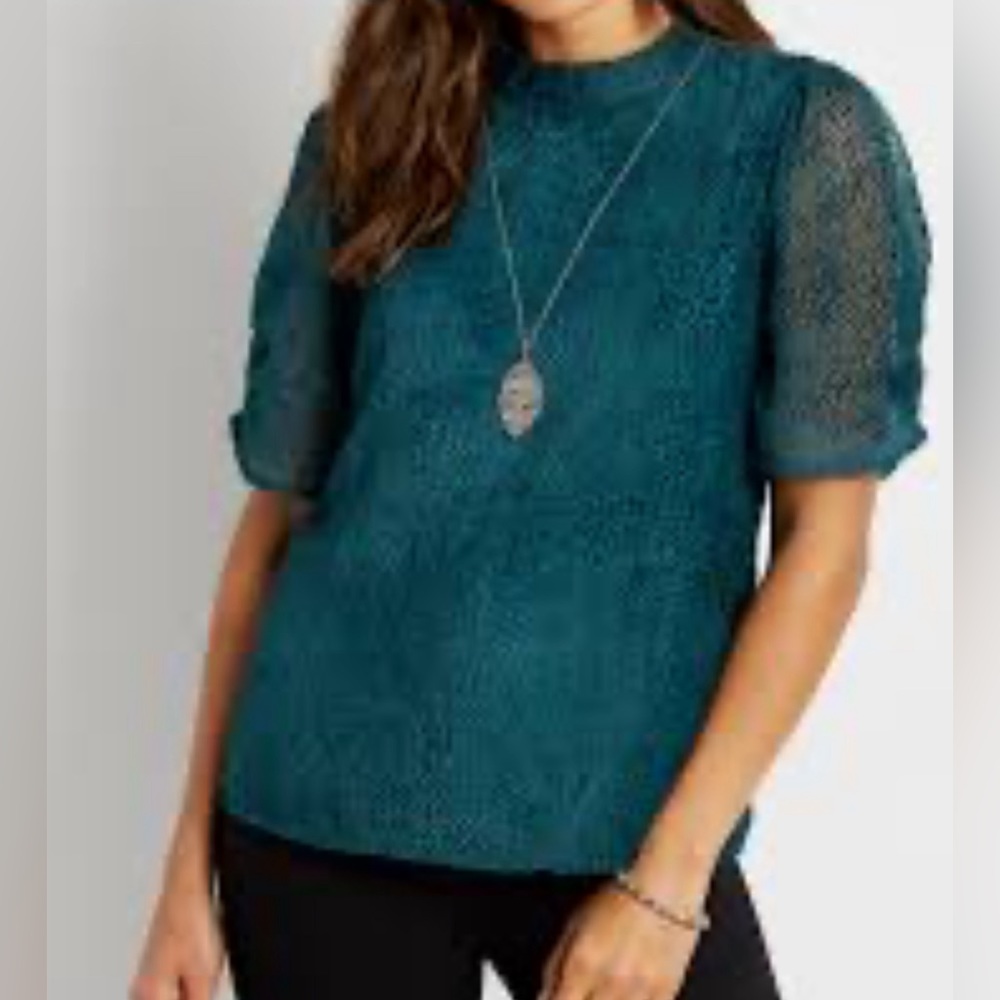 NWOT - Maurices Solid Burnout Mock Neck Puff Sleeve Top - Size Large- Teal Green